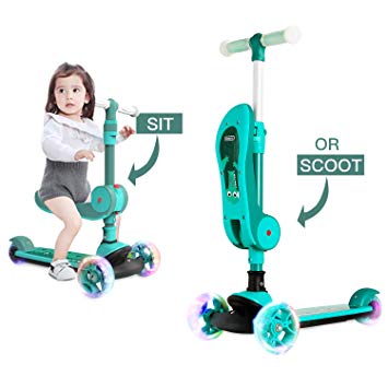 2-in-1 Kick Scooter for Kids, 3 Flashing Wheels Folding Seat with 4 Adjustable Height, Durable Aluminum Frame and Wide Deck, Lean to Steer Kick Scooter Gift for Boys Girls Toddlers 2-14 Years Old