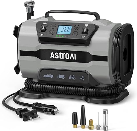 AstroAI Tire Inflator Portable Air Compressor for Car Tire Pump 150PSI 12V DC/110V AC with Dual Metal Motors &LED Light，Automotive Car Accessories&Two mode for car, bicycle tires and air mattresses.