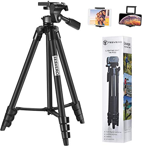 TESVERO Tripod for iPad iPhone Camera,55-Inch Camera/Phone/Tablet/Travel Video Tripod Stand with 2 in 1 Mount Holder,Compatible with iPhone/iPad/SLR Camera