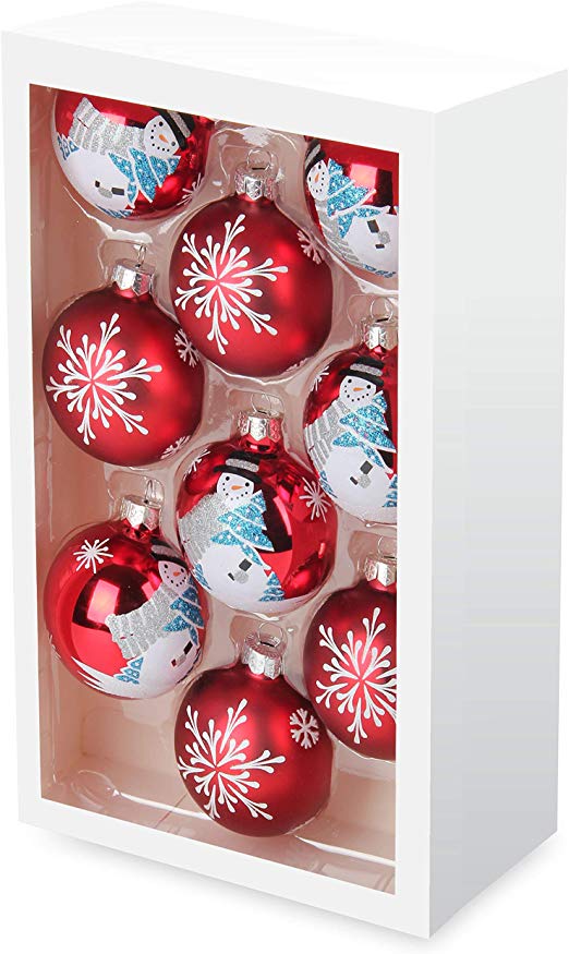 Costyleen Christmas Decoration Colorful Glass Balls Ornaments Set Festival Home Party Decors Xmas Tree Hanging Pendant Snowman Snowflake Fireworks Printing 9pc Red 2.7in