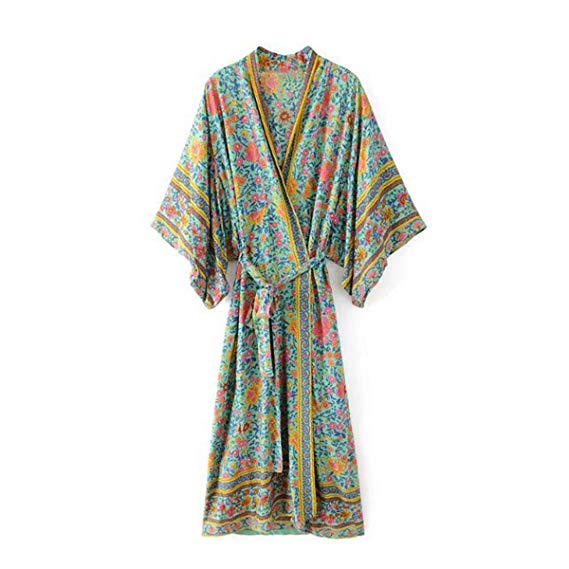 R.Vivimos Women's Vintage Floral Print Beach Boho Cardigan Kimono Maxi Swimwear Cover up Dress Wrap