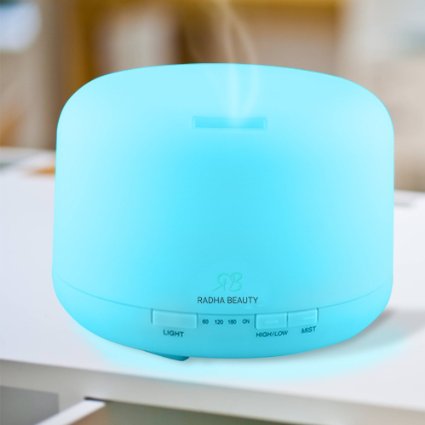 500 ml Essential Oil Diffuser for Aromatherapy - Cool Mist Air Humidifier with 7 Color LED Lights Changing and Waterless Auto Shut-off - Great for Home Office or Bedroom