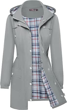 Bloggerlove Waterproof Rain Jacket Women Lightweight Rain Coat Long Outdoor Windbreaker Plaid Lined Hooded Trench Coats S-XXL