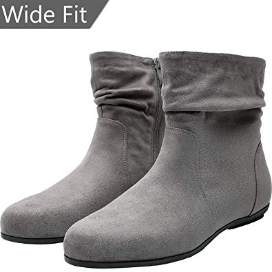 Women's Wide Width Ankle Boots, Flat Boots Side Zipper Cozy Comfortable Winter Booties.