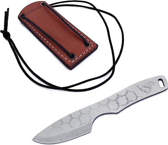 BPS Knives Techno Bee - Stainless Steel Neck Knife - Skeleton Fixed Blade Knife with Genuine Leather Case - Camping Knife - Utility Knife - Fixed-Blade Outdoor Knife - EDC Knife