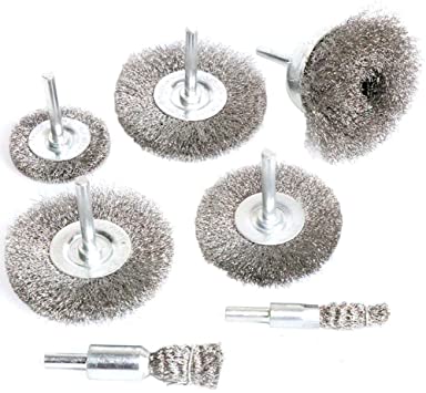 FPPO Stainless Steel Wire Wheel Brush & Crimped Cup Brush Kit for Drill,Fine Wire Diameter 0.0059 Inch,for Rotary Tool with 1/4-Inch Shank,Removal of Rust,deburring,paint (7pcs)