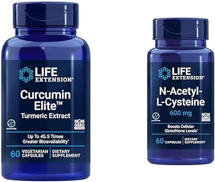 Life Extension Curcumin Elite Turmeric Extract & N-Acetyl-L-Cysteine (NAC), Immune, Respiratory, Liver Health, NAC 600 mg, Potent antioxidant Support, Free-radicals, Easy to Absorb, 60 Capsules