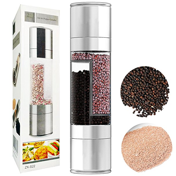 DURABLE 2 in 1 Salt and Pepper Grinder Brushed Stainless Steel Pepper Mill and Salt Mill Salt and Pepper Shakers Set, 6 Oz Acrylic Body, 5 Grade Adjustable Coarseness Ceramic Rotor