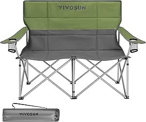 VIVOSUN Double Camping Chair, Fully Padded Folding Loveseat, Portable Oversized Duo Chair with Storage Cup Holders, Height-Adjustable Armrests & Carry Bag, Supports up to 500lbs, Green & Grey