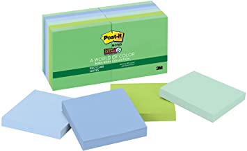 Post-it Recycled Super Sticky Notes, 2x Sticking Power, 3 in x 3 in, Bora Bora Collection, 12 Pads/Pack (654-12SST),Orchid;Banana;Kiwi;Tropical Blue;Wild Cherry