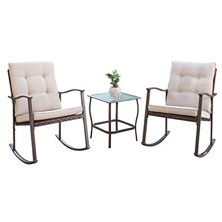Solaura Outdoor Furniture 3-Piece Rocking Wicker Bistro Set Brown Wicker with Beige Cushions - Two Chairs with Glass Coffee Table