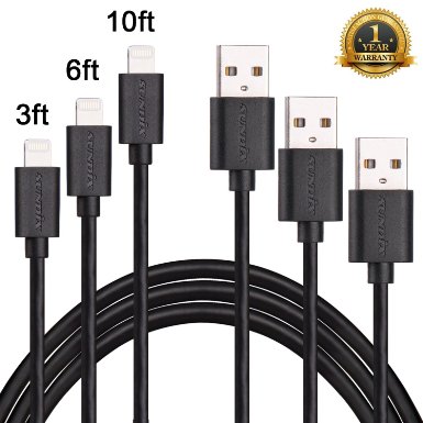 [Apple MFi Certified] Sundix 3Pack 3FT 6FT 10FT Lightning to USB Cable 8 pin to USB Sync Cable & Charger, Compatible with iPhone 6/6 Plus, 6s/6s Plus, iPad & iPod Models(Black)