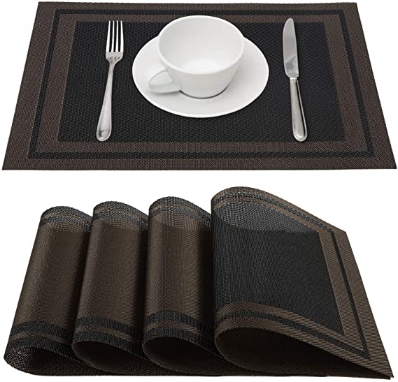 homing Placemats for Dining Table Set of 4 - Woven Vinyl Plastic Heat Resistant Kitchen Table Mats Washable, Easy to Clean PVC Place Mats, 18 x 12 in, Black