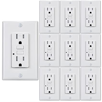 PROCURU 10-Pack 15A Tamper Resistant, Self Test GFCI Outlet with LED Indicator, Wall Plates Included, White (1GFW15-10P)