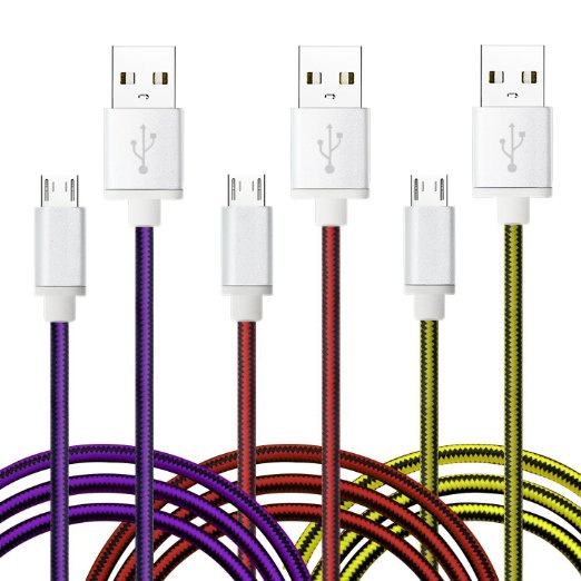 Micro USB Cords, 3-Pack 6ft High-Speed Striped Nylon Braided Charger Tangle-Free with Stainless Steel Connector by Boxeroo for Samsung,HTC,Nokia,Sony,Android and More