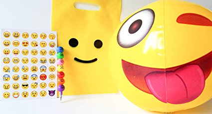 Pre-Assembled Emoji Favor Bags, 6 Pack, Smile Bag Filled with Popular Beach Ball, Pencil, and Sticker Sheet