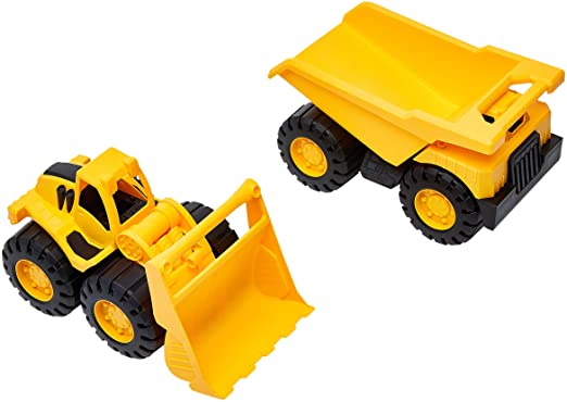 Amazon Basics 10" Indoor/Outdoor Toy Construction Vehicle 2 Pack, Yellow Dump Truck and Bulldozer