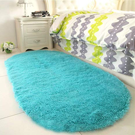 YJ.GWL High Pile Soft Shaggy Turquoise Blue Rug for Bedroom Gilrs Mermaid Room Decor Fluffy Area Rugs Kids Anti-Slip Nursery Carpets, 31"x63" Oval
