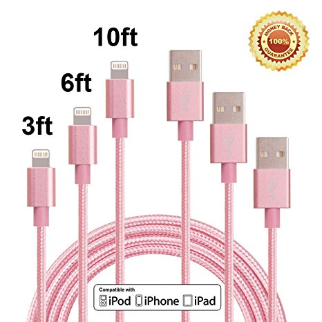 Red Gem 3Pack 3FT 6FT 10FT Extra Long Nylon Braided 8Pin to USB Power Cable Cord with Aluminum Heads for iPhone 6/6s/6 Plus/6s Plus/5/5c/5s, iPad 4 Mini Air iPod Nano 7 iPod Touch 5 (Rose gold)