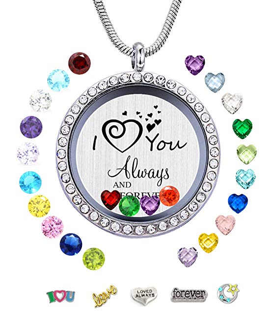 JOLIN DIY Floating Charms Living Memory Lockets, 30mm Stainless Steel Necklace with Charms & Birthstones for Women