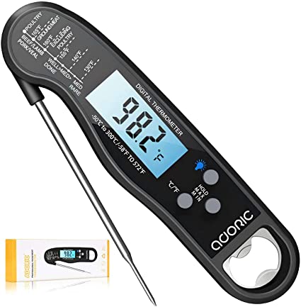Digital Instant Read Meat Thermometer, Adoric Waterproof Food Thermometer with Backlight LCD, Kitchen Cooking Thermometer Probe for Grilling Oven Smoker BBQ-Black