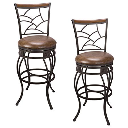 Kira Home Monarch II 30" Swivel Bar Stool, Brown Leatherette Seat Cushion, Mosaic Backrest with Real Wood Accent, Old Steel Finish, Set of 2