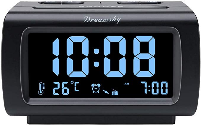 Dreamsky Decent Alarm Clock Radio with FM Radio, USB Port for Charging, 1.2" Blue Digit Display with Dimmer, Temperature Display, Snooze, Adjustable Alarm Volume, Sleep Timer.