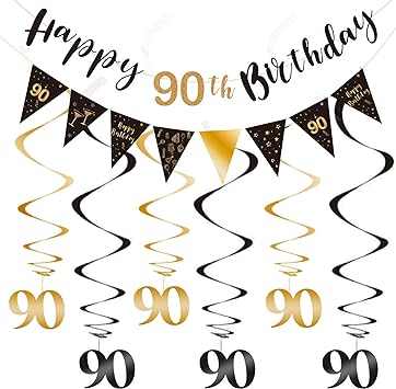 90th Birthday Decoration Kit, Happy 90th Birthday Banner Bunting Swirls Streamers, Triangle Flag Banner for Birthday Party Decorations Supplies Black and Gold 90th