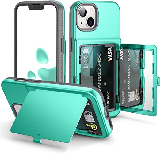 WeLoveCase for iPhone 13 / iPhone 14 Wallet Case with Credit Card Holder & Hidden Mirror, Two Layer Shockproof Heavy Duty Protection Cover Protective Case for iPhone 13/14 6.1 Inch-Mint Green