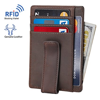 Beartwo RFID Blocking Minimalist Genuine Leather Money Clip Wallet Slim Front Pocket Wallet Credit Card Holder with ID Window