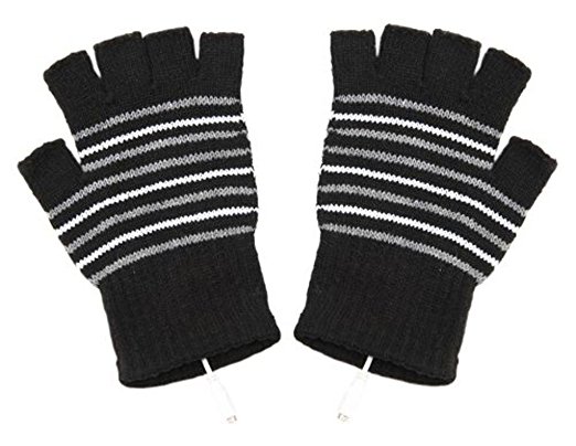 EUBUY Stripe Pattern USB2.0 Fingerless Heating Knitting Wool Hands Warm Gloves Gloves (Black)