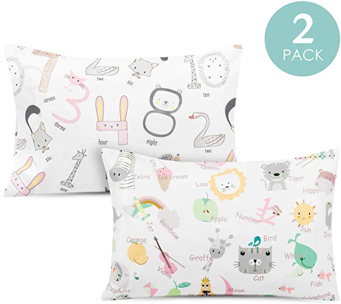 TILLYOU Toddler Travel Pillowcases Set of 2, 14x20- Fits Pillows Sized 12x16, 13x18 or 14x19, 100% Silky Soft Microfiber, Envelope Closure Machine Washable Kids Pillow Cases Numbers & Letters