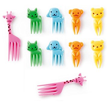 CuteZCute Bento Food Pick Fork, 10-Piece, Giraffe, Dog, Cat, Bear, Monkey (Color may vary)