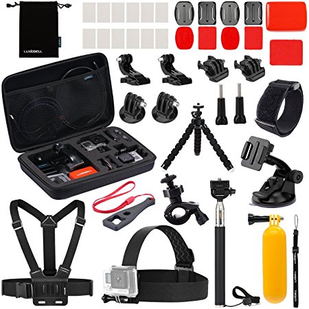 Luxebell 22-in-1 Accessories Bundle Kit for Gopro Hero 4 Black Silver Hero  Lcd 3  3 2, Geekpro 2 - Selfie Stick / Chest Mount Harness / Head Strap / Suction Cup
