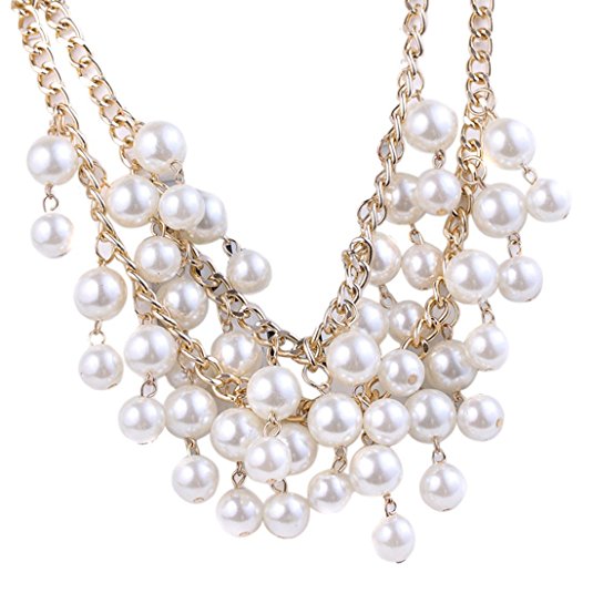 Qiyun (TM) Elegant Women's Multi-Row Torsade Fringe White Pearl Bead Chain Bib Necklace