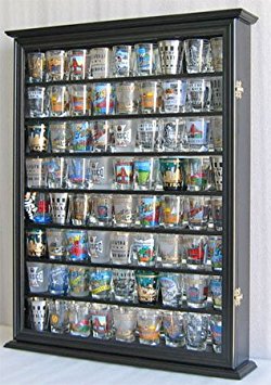 Large 72 Shot Glass / Shooter Display Case Cabinet Rack Holder Wall Curio Cabinet, Mirror Back-Black Finish (SC13-BL)