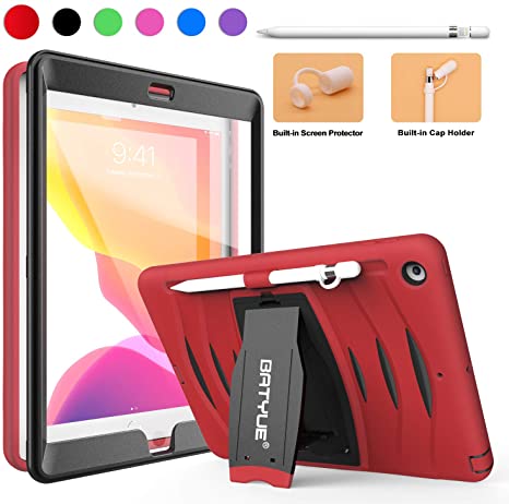 BATYUE New Case for iPad 10.2 2019, iPad Case 7th Generation with Stand, Absorbs Shock Hard Durable Rugged Protective Case with Screen Protector/Pencil Holder/Pencil Cap Holder for Kids Children (Red)