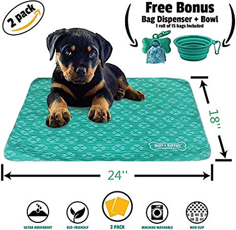 Ruff 'n Ruffus Reusable and Washable Puppy Pee Pads for Dogs (Set of 2) | Bonus Travel Bowl, Poop Bags and Dispenser | Extra Large 32” x 36” Underpads for Potty Training, Incontinence