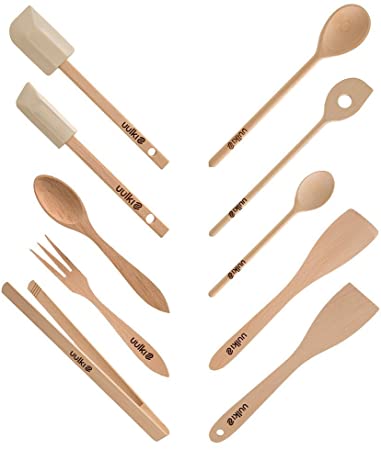 Uulki Wooden Cooking Utensils Kitchen Tools Set | Eco-Friendly Spoons, Food Turners, Baking Spatulas, Food BBQ Tongs, Salad Servers … from European Beechwood (17 pcs.)