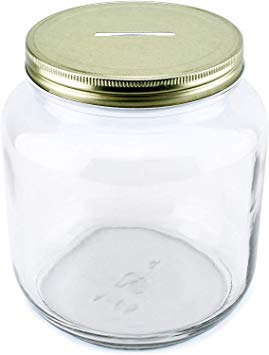 Cornucopia Large Coin Bank Jar; Half Gallon Clear Glass Piggy Bank with Gold Slotted Lid