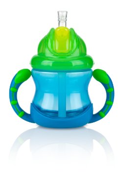 Nuby 2 Handle Flip n Sip Straw Cup 8 Ounce 12 Months Plus Blue with Green