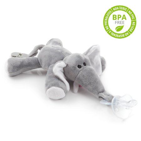 BabyHuggle 4 in 1 Plush Elephant Pacifier - Soft Stuffed Toy with Detachable Silicone Baby Binky, Clip Holder and Squeaky Sound - 100% Non Toxic & Safe - Soothing & Comfortable for a Good Night Sleep