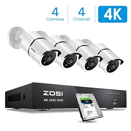 ZOSI 4K Ultra HD Security Cameras System,4 Channel H.265  4K (3840x2160) Video DVR with 2TB Hard Drive and 4 x 4K (8MP) IP67 Bullet Weatherproof Surveillance Cameras,100ft Night Vision, Motion Alert