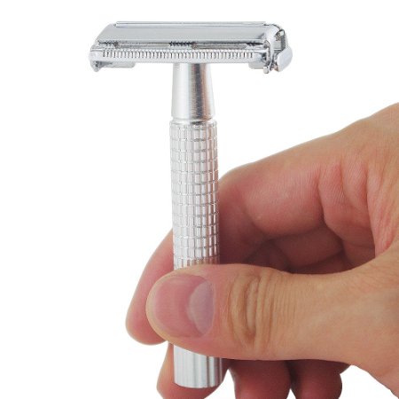 BombexTM Double Edge Safety Razor with Twist-to-open Style Classic Razors Kit with Travel Case and 10 Super Shark Stainless Blades Shaving Sets