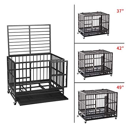 LEISURELIFE 36"/ 42"/ 48" Heavy Duty Large Dog Crate Strong Steel - Pet Kennel Dog Cage with Wheels