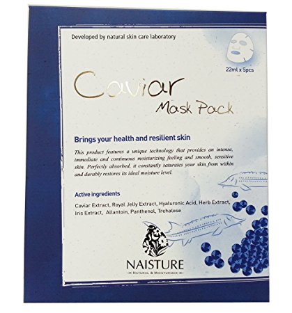 Facial Sheet Mask [NAISTURE] Face Treatment (5 Pack) Pure 100% Cotton, Smooth Moisturizing Revitalizes Skin Damaged by UV Rays and Enhances Clarity, 22mL Made in Korea - Caviar