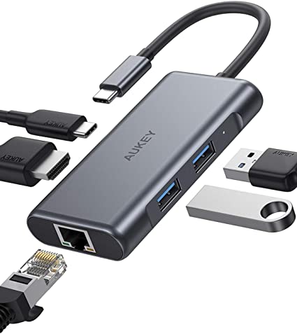 AUKEY USB C Hub Adapter, 5 in 1 Type C Hub with Ethernet Port, 4K USB C to HDMI, 2 USB 3.0 Ports, 100W USB C 3.1 Gen 1 Power Delivery Charging, for MacBook Pro Air, Chromebook Pixel Laptop Phone