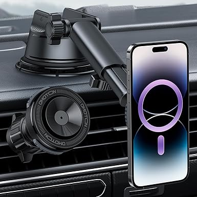 OMOTON Car Phone Mount for Magsafe. Vacuum & Magnet Dual Suction Car Phone Holder with 20 N52 Magnets for Dashboard/Windshield/Air Vent. Compatible with iPhone, All Smartphones and Cars