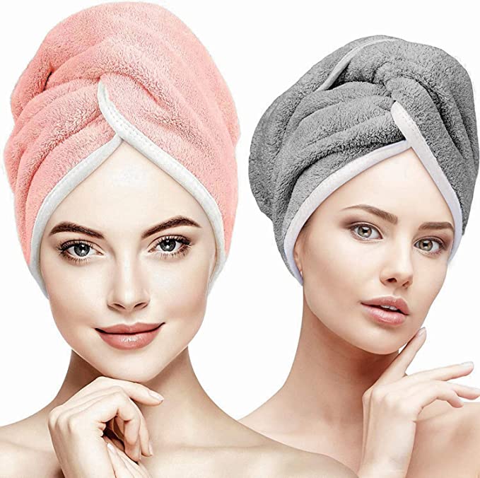 Hair Towel Wrap, Microfiber Super Absorbent DryingTurban Twist, Anti Frizz Curly Hair Towel Wrap for Women, Absorbent Quick Dry Towel with Button, Wrapped Bath Cap, 2 Pack