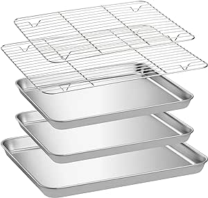 Navaris Baking Trays Set - 2 Quarter Sheet Pans and Rack 31 x 24.5 x 2.5cm (12.2" x 9.6" x 1") - 1 Half Sheet Tray and Rack 40 x 30 x 2.5cm (15.7" x 11.8" x 1")